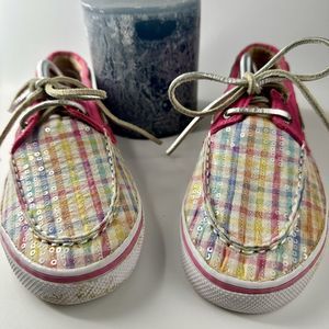 Sperry Top Sider Bahama Pink Plaid Boat Shoes Womens Size 5M With Sequins